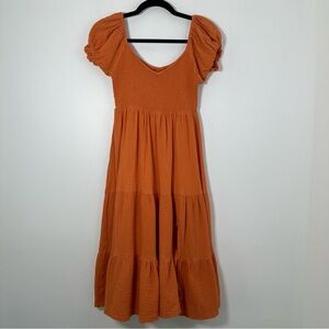 O.P.T. Women’s Orange Gauze 100% Cotton Tiered Midi Dress Cottage Boho XS